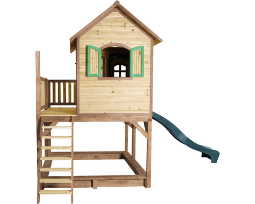 Spielhaus aus Holz mit Rutsche, Leiter und Sandkasten