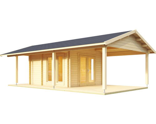 Blockbohlenhaus mit überdachter Veranda aus Holz