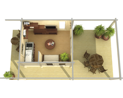 Draufsicht eines Gartenhauses mit Möbeln und Terrasse