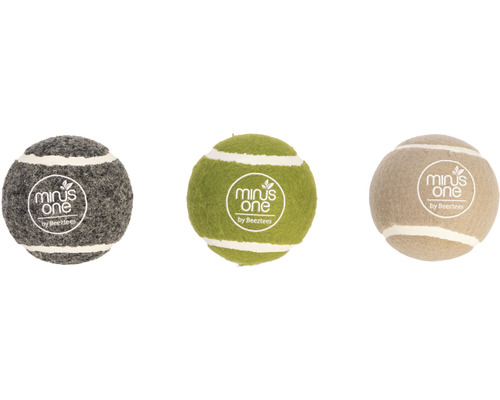 Drei Hundespielbälle aus Filz mit Streifen und Beeztees Logo