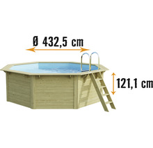 Achteckiger Holzpool mit Leiter und den Maßen Durchmesser 432,5 cm und Höhe 121,1 cm