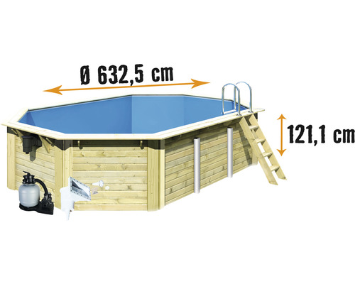 Aufstellpool Holzpool-Set Karibu Nixe 4 achteckig Ø 632,5x121,1 cm inkl. Sandfilteranlage, Einhängeleiter und Breitmaulskimmer mit Rücklaufdüse