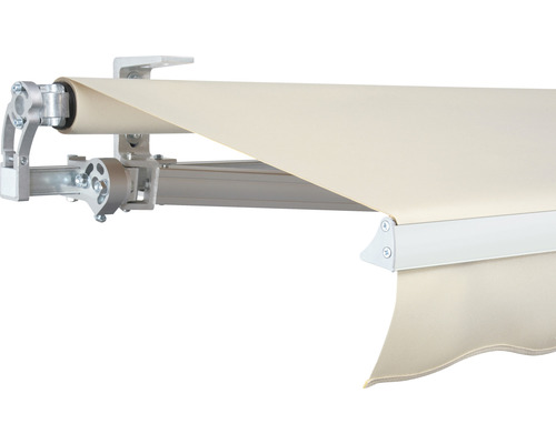 SOLUNA Gelenkarmmarkise Concept 4x2,5 Stoff Dessin 6610 Gestell Silber E6EV1 eloxiert Antrieb links inkl. Motor und Wandschalter Detailansicht einer Gelenkarmmarkise mit Metallrahmen und Markisentuch