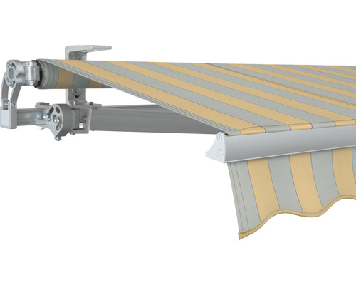 SOLUNA Gelenkarmmarkise Concept 3,5x2 Stoff Dessin 6676 Gestell Silber E6EV1 eloxiert Antrieb links inkl. Motor und Wandschalter Gestreifte Markise mit Aluminiumgestell