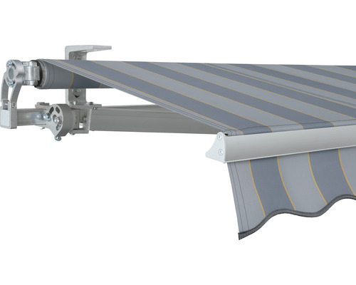 SOLUNA Gelenkarmmarkise Concept 3,5x2 Stoff Dessin 7109 Gestell Silber E6EV1 eloxiert Antrieb links inkl. Motor und Wandschalter Markise mit Streifenmuster