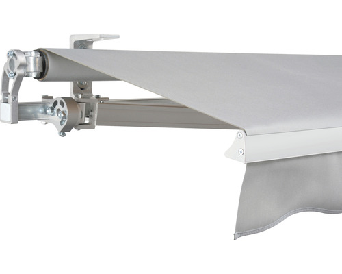 SOLUNA Gelenkarmmarkise Concept 3,5x2,5 Stoff Dessin 7552 Gestell Silber E6EV1 eloxiert Antrieb links inkl. Motor und Wandschalter Detailansicht einer Markise mit Aluminiumgestell und Markisentuch