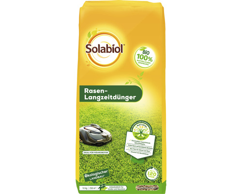 Rasendünger Solabiol Rasen-Langzeitdünger Granulat 10 kg Solabiol Rasen Langzeitdüngerpackung mit Bio Siegel und dem Hinweis, dass es für Mähroboter geeignet ist.