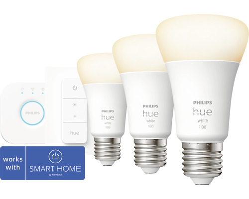 Philips hue Lampen White Starter-Set 3x A60 E27/9,5W(75W) 1100 lm 2700 K inkl Bridge + Dimmschalter - Kompatibel mit SMART HOME by hornbach