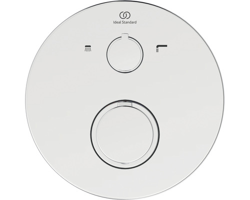 Ideal Standard Logo. Runde Betätigungsplatte mit zwei Knöpfen zur Bedienung des Spülkastens.