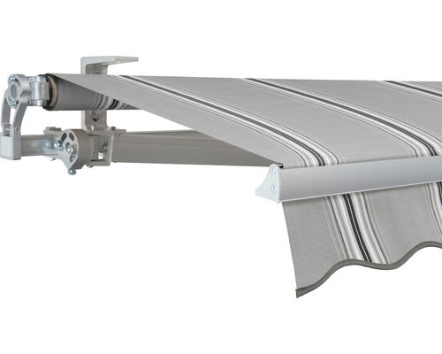 SOLUNA Gelenkarmmarkise Concept 3,5x2,5 Stoff Dessin A131 Gestell Silber E6EV1 eloxiert Antrieb links inkl. Motor und Wandschalter Detailansicht einer Markise mit Streifenmuster