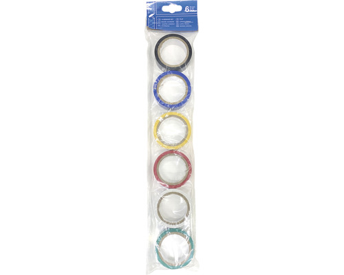 Sechs Rollen Isolierband in verschiedenen Farben in einer Verpackung.