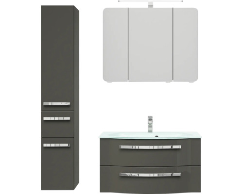 Badmöbel-Set Pelipal Serie 4005 BxHxT 122 x 200 x 49,1 cm Frontfarbe grau hochglanz Badmöbelset 4-teilig mit Waschtisch Glas weiß und Waschtischunterschrank Spiegelschrank mit LED-Beleuchtung Glaswaschtisch Hochschrank Badezimmermöbelset mit Waschtisch, Spiegelschrank und Hochschrank