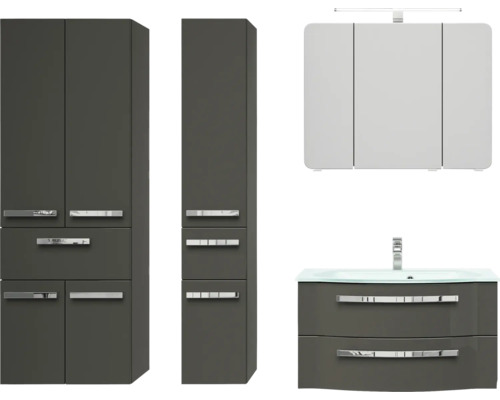 Badmöbel-Set Pelipal Serie 4005 BxHxT 182 x 200 x 49,1 cm Frontfarbe grau hochglanz Badmöbelset 5-teilig und mehr mit Waschtisch Glas weiß und Glaswaschtisch Waschtischunterschrank Hochschrank Spiegelschrank mit LED-Beleuchtung Badezimmer Möbelset mit Spiegelschrank, Waschbeckenunterschrank und Hochschrank