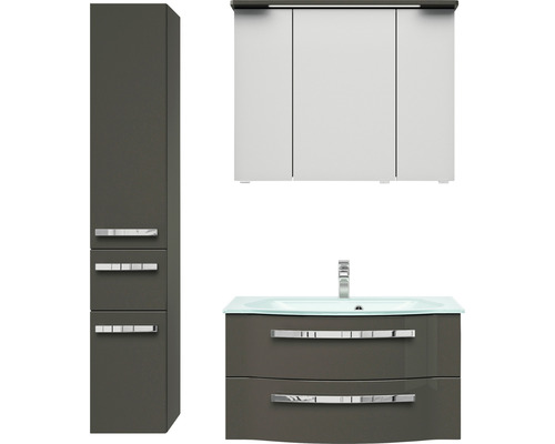 Badmöbel-Set Pelipal Serie 4005 BxHxT 122 x 200 x 49,1 cm Frontfarbe grau hochglanz Badmöbelset 4-teilig mit Waschtisch Glas weiß und Glaswaschtisch Waschtischunterschrank Spiegelschrank mit LED-Beleuchtung Hochschrank Badezimmermöbelset mit Waschtisch, Spiegelschrank und Hochschrank