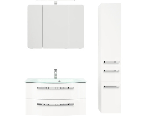 Badmöbel-Set Pelipal Serie 4005 BxHxT 122 x 200 x 49,1 cm Frontfarbe weiß hochglanz Badmöbelset 4-teilig mit Waschtisch Glas weiß und Glaswaschtisch Waschtischunterschrank Spiegelschrank mit LED-Beleuchtung Hochschrank