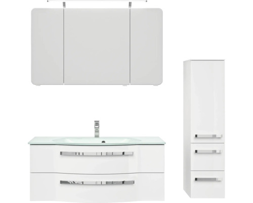 Badmöbel-Set Pelipal Serie 4005 BxHxT 150 x 200 x 49,1 cm Frontfarbe weiß hochglanz Badmöbelset 4-teilig mit Waschtisch Glas weiß und Glaswaschtisch Waschtischunterschrank Spiegelschrank mit LED-Beleuchtung Weißes Badezimmerset mit Waschtisch, Spiegelschrank und Hochschrank