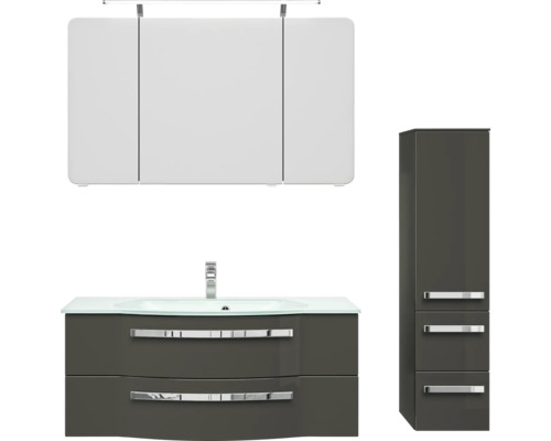 Badmöbel-Set Pelipal Serie 4005 BxHxT 150 x 200 x 49,1 cm Frontfarbe grau hochglanz Badmöbelset 4-teilig mit Waschtisch Glas weiß und Glaswaschtisch Waschtischunterschrank Spiegelschrank mit LED-Beleuchtung Badezimmerset mit Waschtischunterschrank, Spiegelschrank und Hochschrank