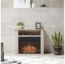 Elektrischer Kamin mit Holzdekor in einem hellen und geräumigen Wohnzimmer.