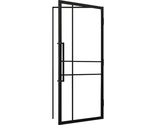 Offene Innentür mit Glaseinsatz und schwarzem Rahmen