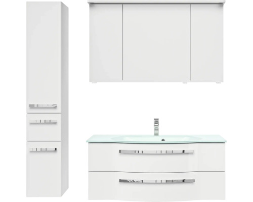 Badmöbel-Set Pelipal Serie 4005 BxHxT 150 x 200 x 49,1 cm Frontfarbe weiß hochglanz Badmöbelset 4-teilig mit Waschtisch Glas weiß und Waschtischunterschrank Spiegelschrank mit LED-Beleuchtung Glaswaschtisch Hochschrank Badezimmermöbelset mit Waschbeckenunterschrank, Hängeschrank und Hochschrank