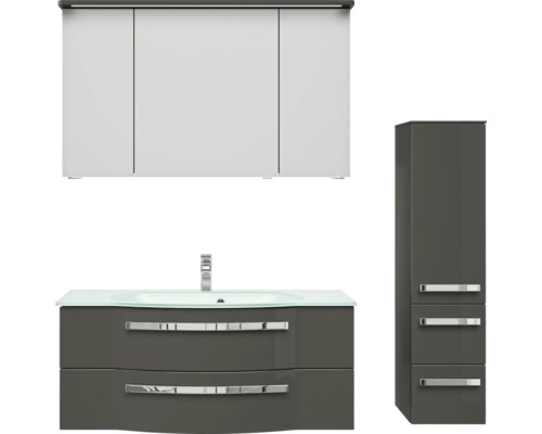Badmöbel-Set Pelipal Serie 4005 BxHxT 150 x 200 x 49,1 cm Frontfarbe grau hochglanz Badmöbelset 4-teilig mit Waschtisch Glas weiß und Waschtischunterschrank Spiegel mit LED-Beleuchtung Glaswaschtisch Badmöbelset mit Waschtisch, Spiegelschrank und Hochschrank