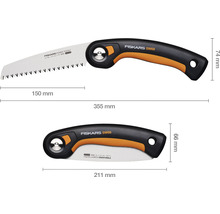 Fiskars Klappsäge SW68 in geöffnetem und geschlossenem Zustand mit Maßangaben.
