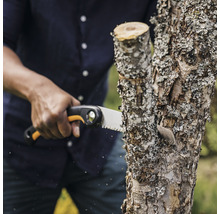 Person sägt Ast mit Handsäge