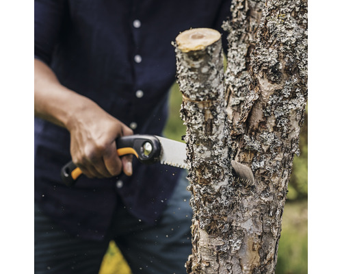 Person sägt Ast mit Handsäge