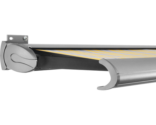 SOLUNA Kassettenmarkise Exclusiv 4,5x2 Stoff Dessin 6292 Gestell E6EV1 silber eloxiert Antrieb links inkl. Motor und Wandschalter Markise mit gelb gestreiftem Stoff