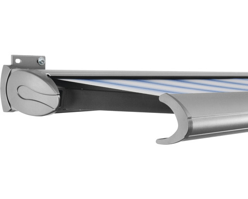 SOLUNA Kassettenmarkise Exclusiv 5x2,5 Stoff Dessin 320234 Gestell E6EV1 silber eloxiert Antrieb links inkl. Motor und Wandschalter