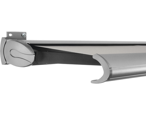 SOLUNA Kassettenmarkise Exclusiv 6x2,5 Stoff Dessin 320923 Gestell E6EV1 silber eloxiert Antrieb links inkl. Motor und Wandschalter Markise im eingefahrenen Zustand