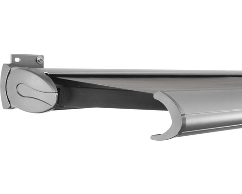SOLUNA Kassettenmarkise Exclusiv 5x2 Stoff Dessin 320925 Gestell E6EV1 silber eloxiert Antrieb links inkl. Motor und Wandschalter Detailansicht einer Gelenkarmmarkise