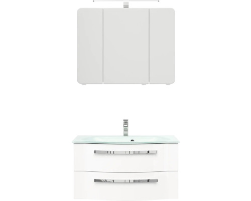 Badmöbel-Set Pelipal Serie 4005 BxHxT 92 x 200 x 49,1 cm Frontfarbe weiß hochglanz Badmöbelset 3-teilig mit Waschtisch Glas weiß und Glaswaschtisch Waschtischunterschrank Spiegelschrank mit LED-Beleuchtung
