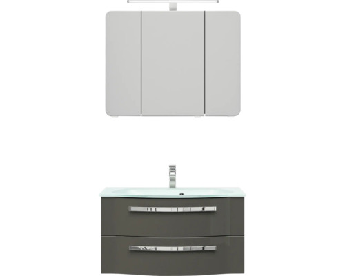 Badmöbel-Set Pelipal Serie 4005 BxHxT 92 x 200 x 49,1 cm Frontfarbe grau hochglanz Badmöbelset 3-teilig mit Waschtisch Glas weiß und Glaswaschtisch Waschtischunterschrank Spiegelschrank mit LED-Beleuchtung