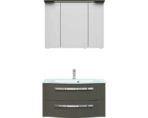 Badmöbel-Set Pelipal Serie 4005 BxHxT 92 x 200 x 49,1 cm Frontfarbe grau hochglanz Badmöbelset 3-teilig mit Waschtisch Glas weiß und Glaswaschtisch Waschtischunterschrank Spiegelschrank mit LED-Beleuchtung