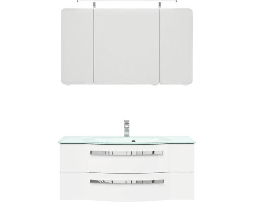 Badmöbel-Set Pelipal Serie 4005 BxHxT 120 x 200 x 49,1 cm Frontfarbe weiß hochglanz Badmöbelset 3-teilig mit Waschtisch Glas weiß und Glaswaschtisch Waschtischunterschrank Spiegelschrank mit LED-Beleuchtung