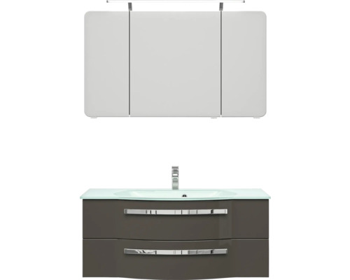 Badmöbel-Set Pelipal Serie 4005 BxHxT 120 x 200 x 49,1 cm Frontfarbe grau hochglanz Badmöbelset 3-teilig mit Waschtisch Glas weiß und Glaswaschtisch Waschtischunterschrank Spiegelschrank mit LED-Beleuchtung