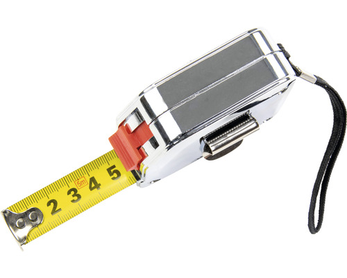 Rollbandmaß mit ausgefahrenem gelbem Band und schwarzer Handschlaufe