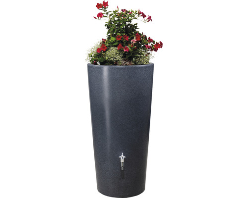 Regentonne mit Bepflanzung und Wasserhahn