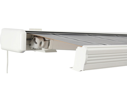 SOLUNA Kassettenmarkise Exquisit 5x2 Stoff Dessin A131 Gestell RAL 9010 reinweiß Anrtrieb links ink. Motor und Wandschalter SOLUNA Kassettenmarkise Exquisit 5x2 Stoff Dessin A131 Gestell RAL 9010 reinweiß Anrtrieb links ink. Motor und Wandschalter