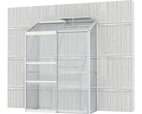 Wandgewächshaus aus Glas und Metall mit Regalen zur Pflanzenaufzucht.