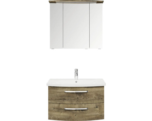 Badmöbel-Set Pelipal Serie 4010 BxHxT 84 x 200 x 45 cm Frontfarbe eiche ribbeck Badmöbelset 4-teilig mit Waschtisch Keramik weiß und Keramik-Waschtisch Waschtischunterschrank Spiegelschrank mit LED-Beleuchtung Badmöbelset bestehend aus Waschtischunterschrank mit Waschbecken und Spiegelschrank