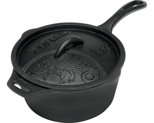 Schwarzer Kochtopf aus Gusseisen mit Deckel und Drachenmuster