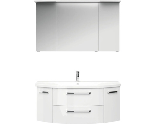 Badmöbel-Set Pelipal Serie 4010 BxHxT 122 x 200 x 48 cm Frontfarbe weiß hochglanz Badmöbelset 4-teilig mit Waschtisch Keramik weiß und Keramik-Waschtisch Waschtischunterschrank Spiegelschrank mit LED-Beleuchtung