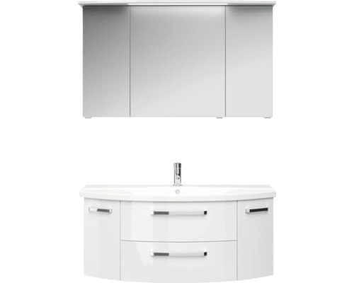 Badmöbel-Set Pelipal Serie 4010 BxHxT 122 x 200 x 48 cm Frontfarbe weiß hochglanz Badmöbelset 4-teilig mit Waschtisch Keramik weiß und Keramik-Waschtisch Waschtischunterschrank Spiegelschrank mit LED-Beleuchtung Weißer Waschtisch mit Spiegelschrank für das Badezimmer
