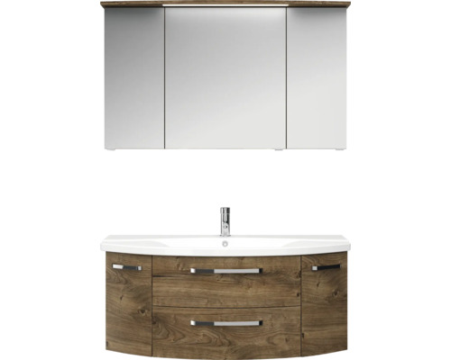 Badmöbel-Set Pelipal Serie 4010 BxHxT 122 x 200 x 48 cm Frontfarbe eiche ribbeck Badmöbelset 4-teilig mit Waschtisch Keramik weiß und Keramik-Waschtisch Waschtischunterschrank Spiegelschrank mit LED-Beleuchtung Waschtischkombination mit Spiegelschrank für das Badezimmer