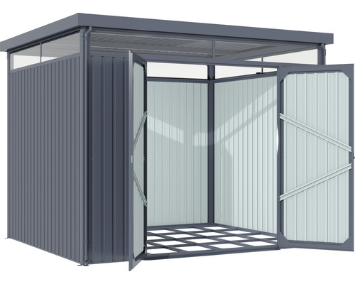 Gerätehaus mit zwei geöffneten Türen
