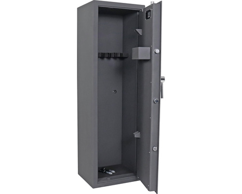 Offener Waffenschrank aus Stahl mit verschiedenen Ablagemöglichkeiten.