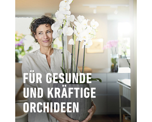 Frau hält Topf mit weißer Orchidee