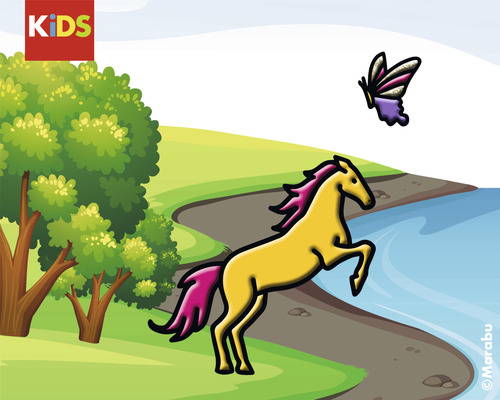Illustration eines Pferdes mit Schmetterling vor einer Landschaft